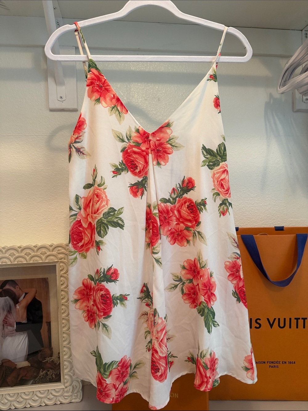 Boutique White Floral Romper with Red Rose Print